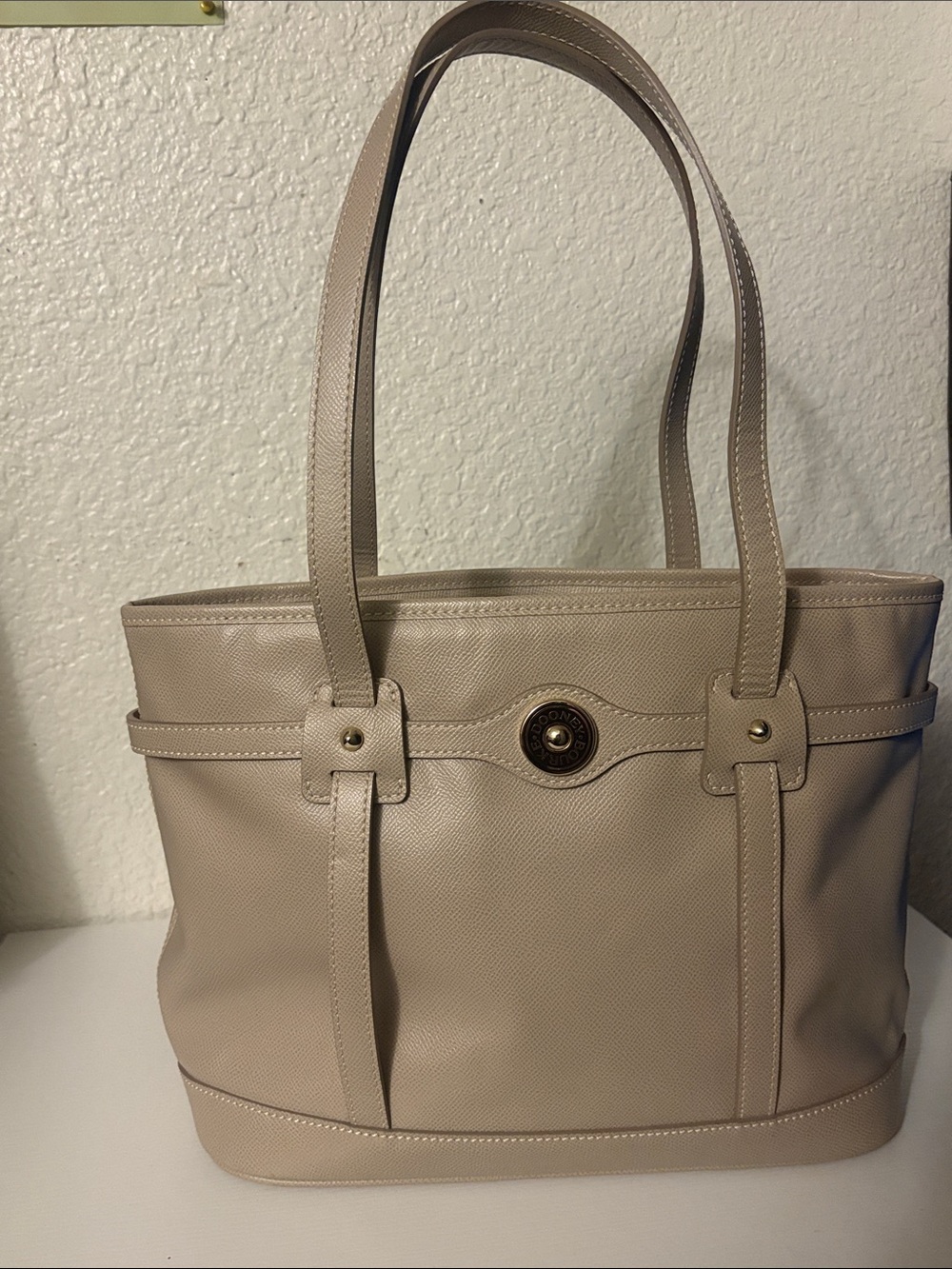 Dooney & Bourke Beige/Taupe Leather Tote with Turnlock Accent